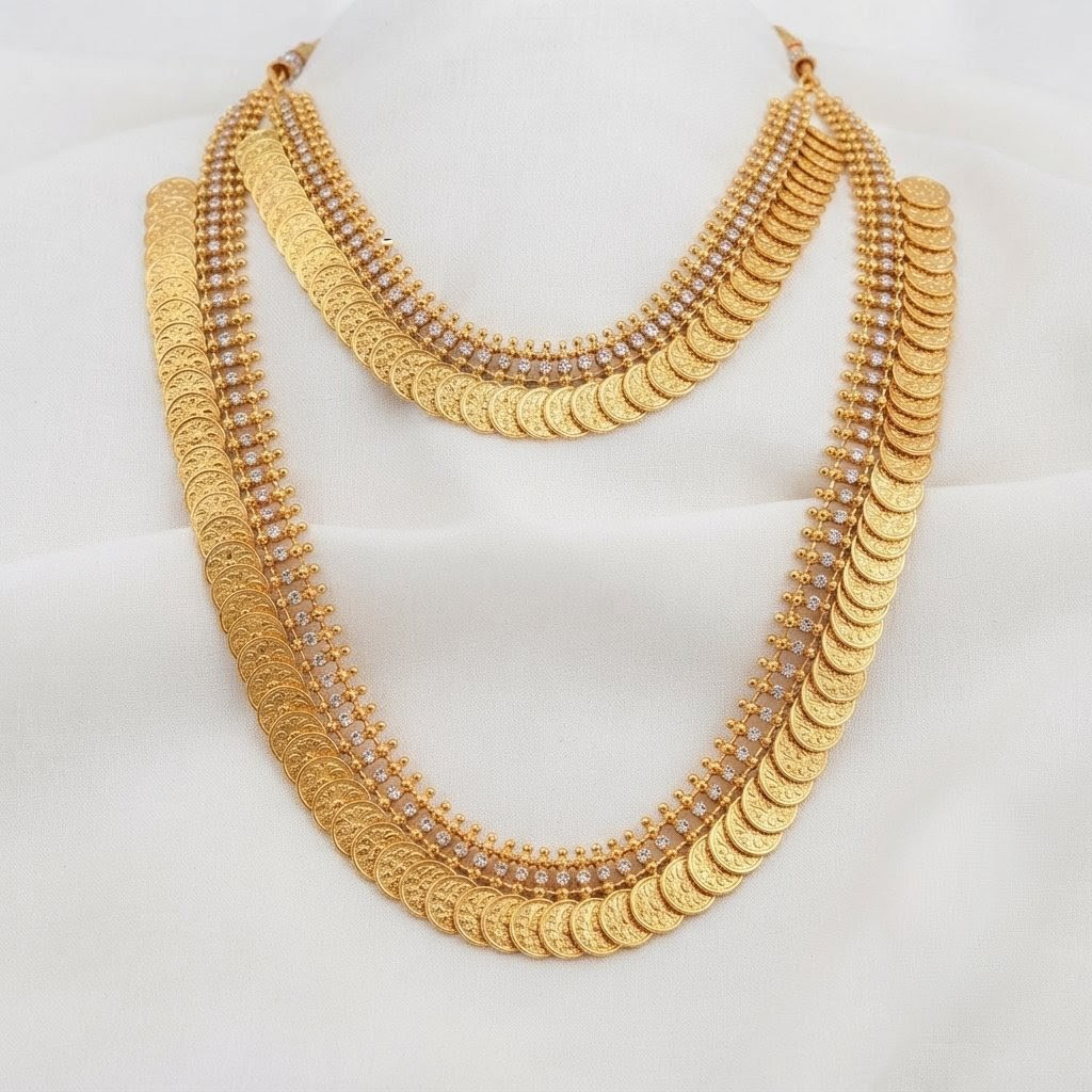 2026/07/1000424148-1.png One Gram Gold Plated Kasumalai Combo Set Necklace - Haram - Image 1