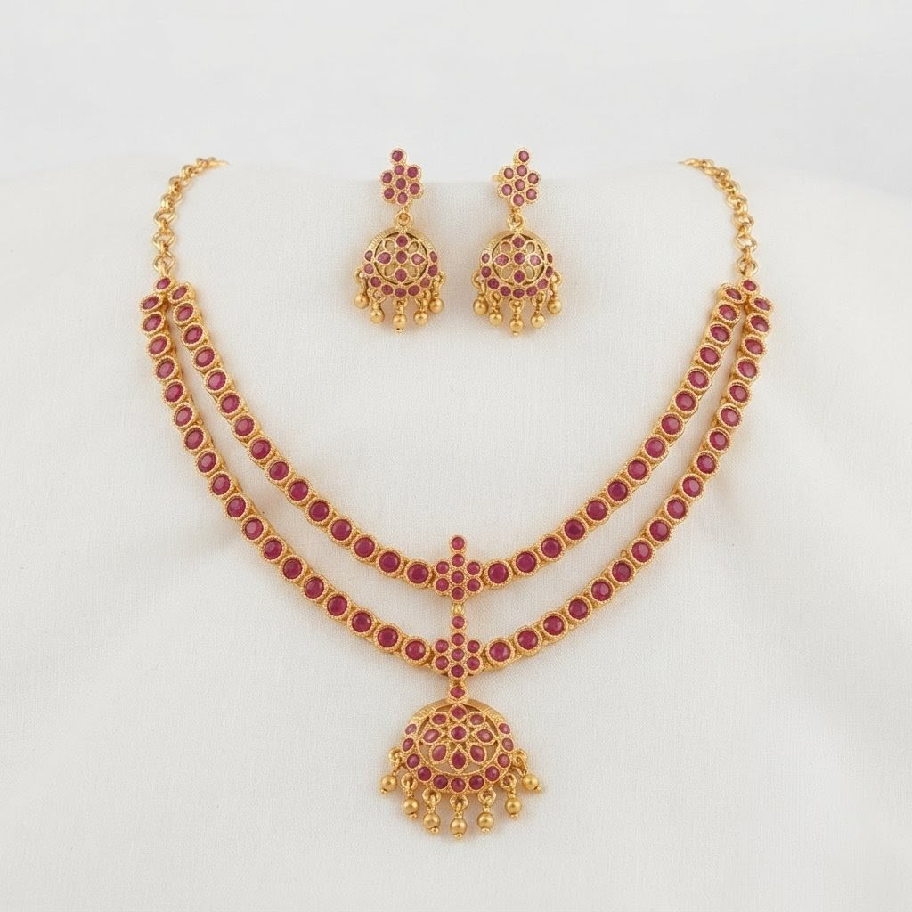 2026/07/1000424164-1.png Double Layer One Gram Gold Plated Atigai Necklace Set with Earrings - Image 1