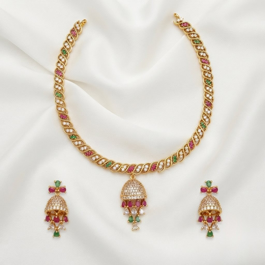 2026/07/1000424735.png One Gram Gold Plated AD Stone Necklace Set - Image 1