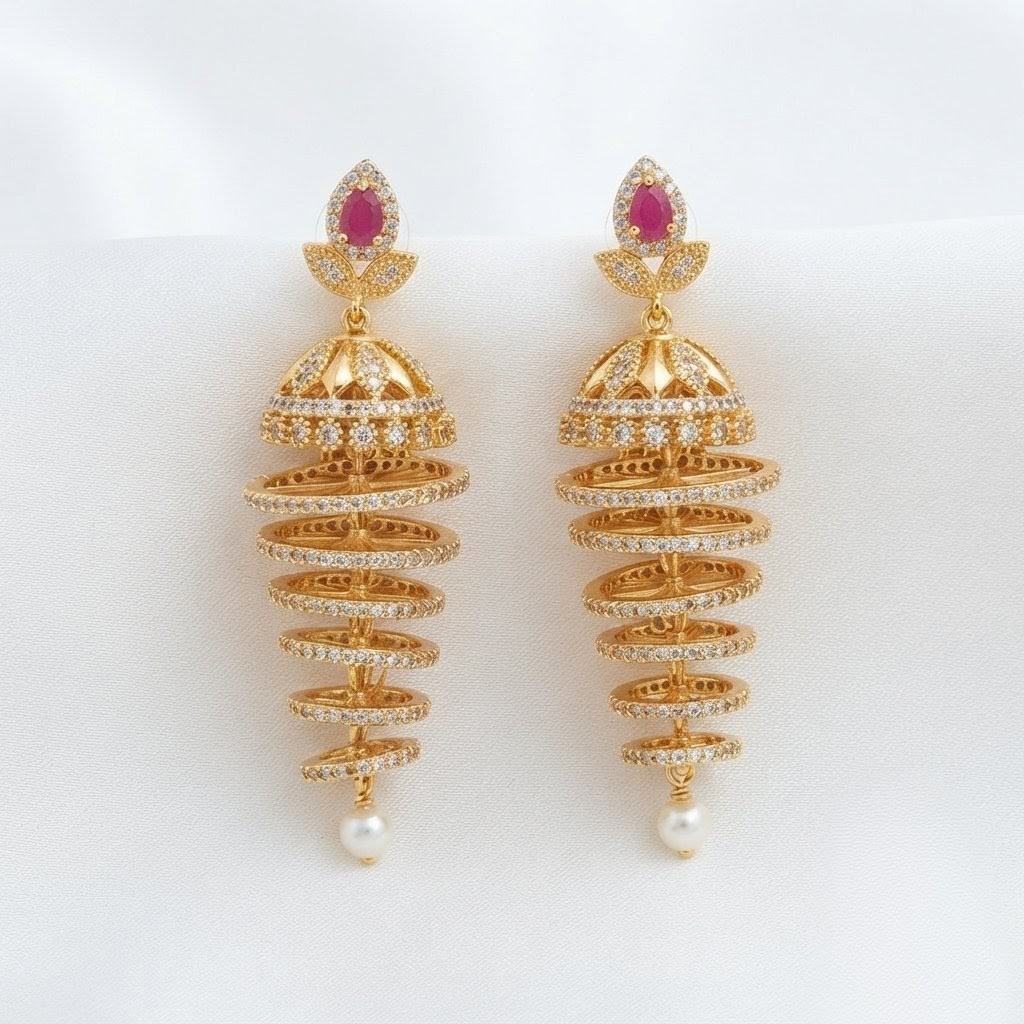 2026/07/1000424738.png One Gram Gold Plated AD STONE Step Jhumka - Image 1