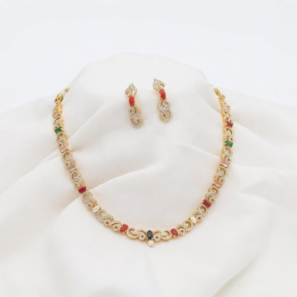 2026/07/1000424835.png One Gram Gold Plated AD STONE Multi Colour Haram Set - Image 1